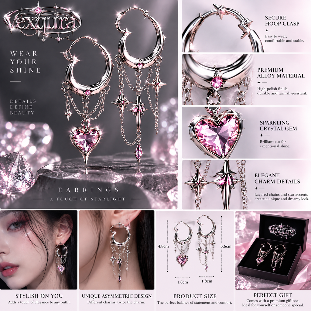 Starlight Heart Chain Hoop Earrings