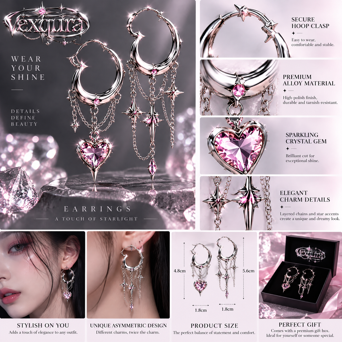 Starlight Heart Chain Hoop Earrings