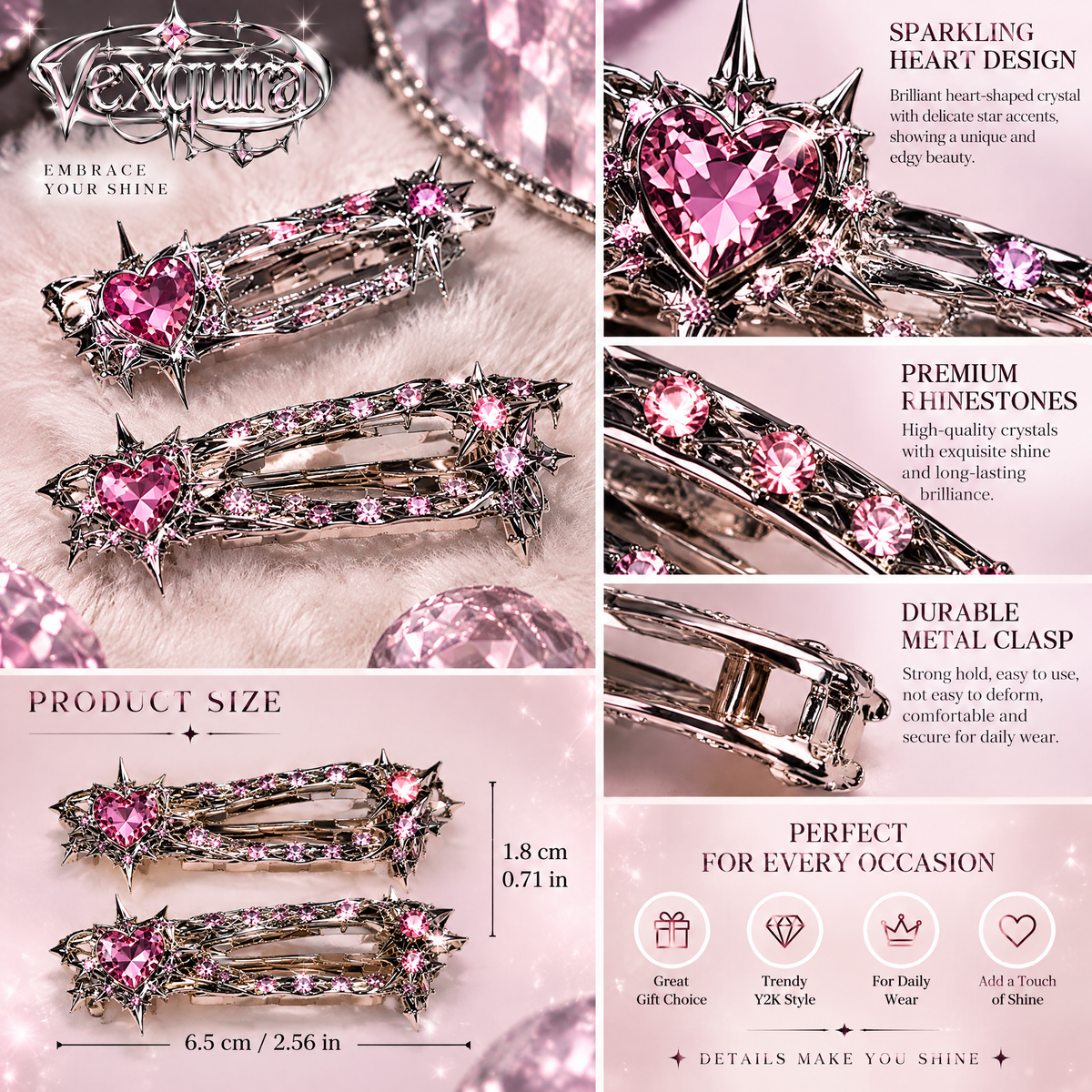 Crystal Star Heart Hair Clips Set