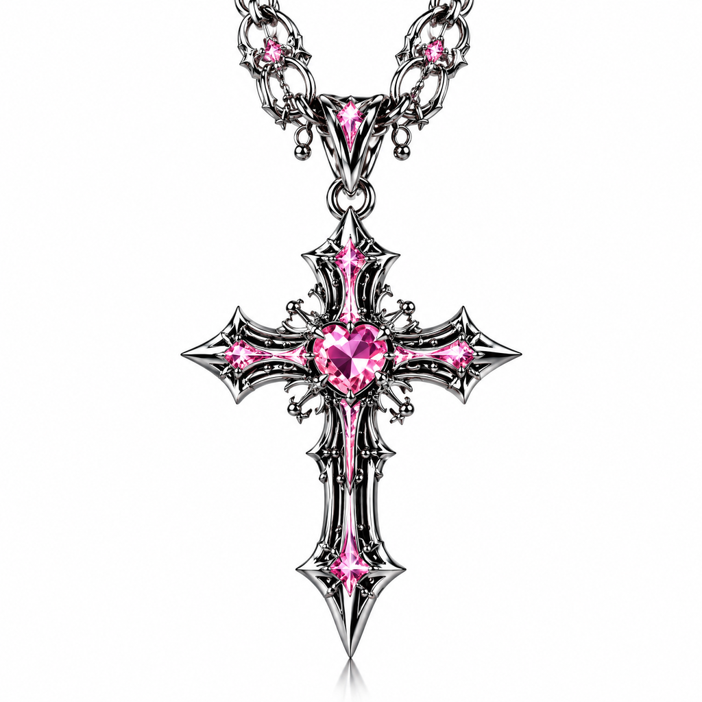 Gothic Cross Pink Crystal Necklace