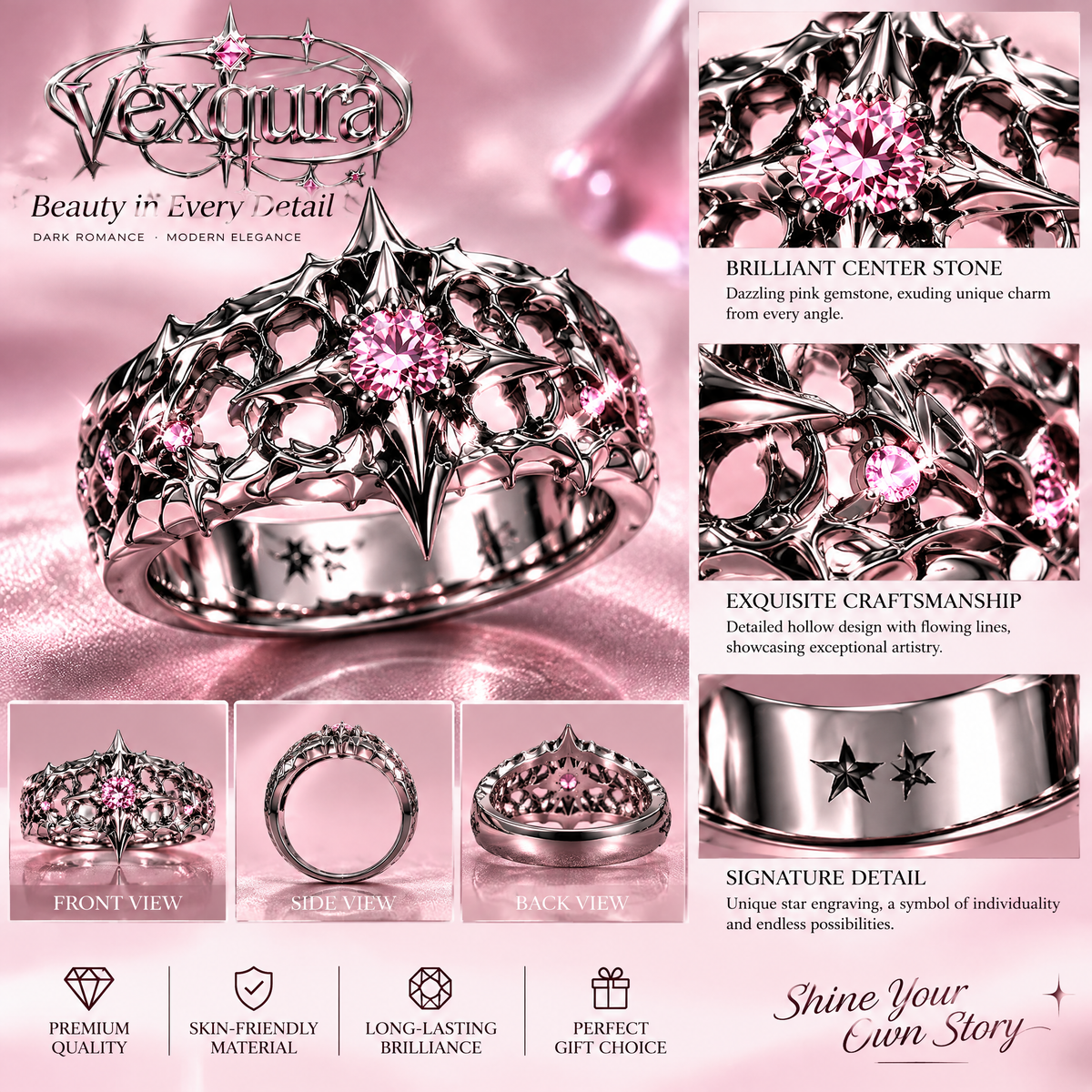 Gothic Thorn Crystal Crown Ring