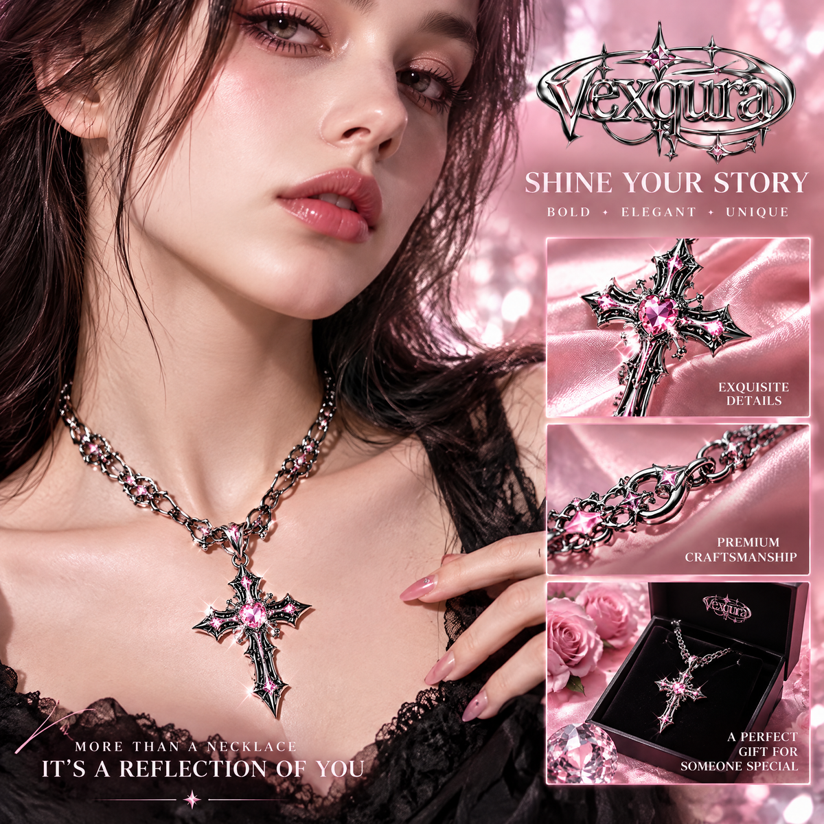 Gothic Cross Pink Crystal Necklace