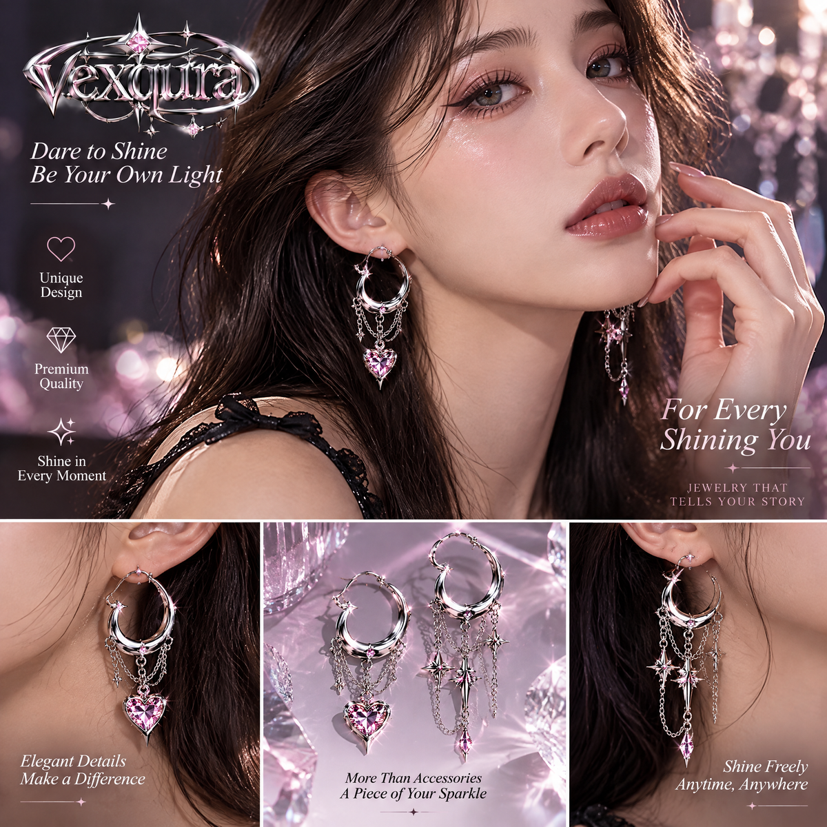 Starlight Heart Chain Hoop Earrings