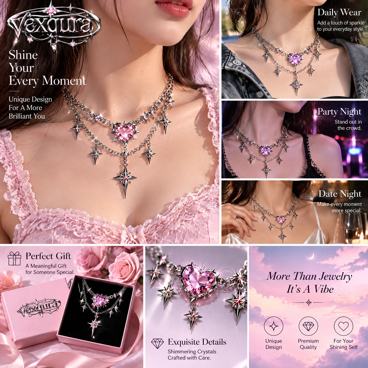 Pink Galaxy Layered Heart Necklace