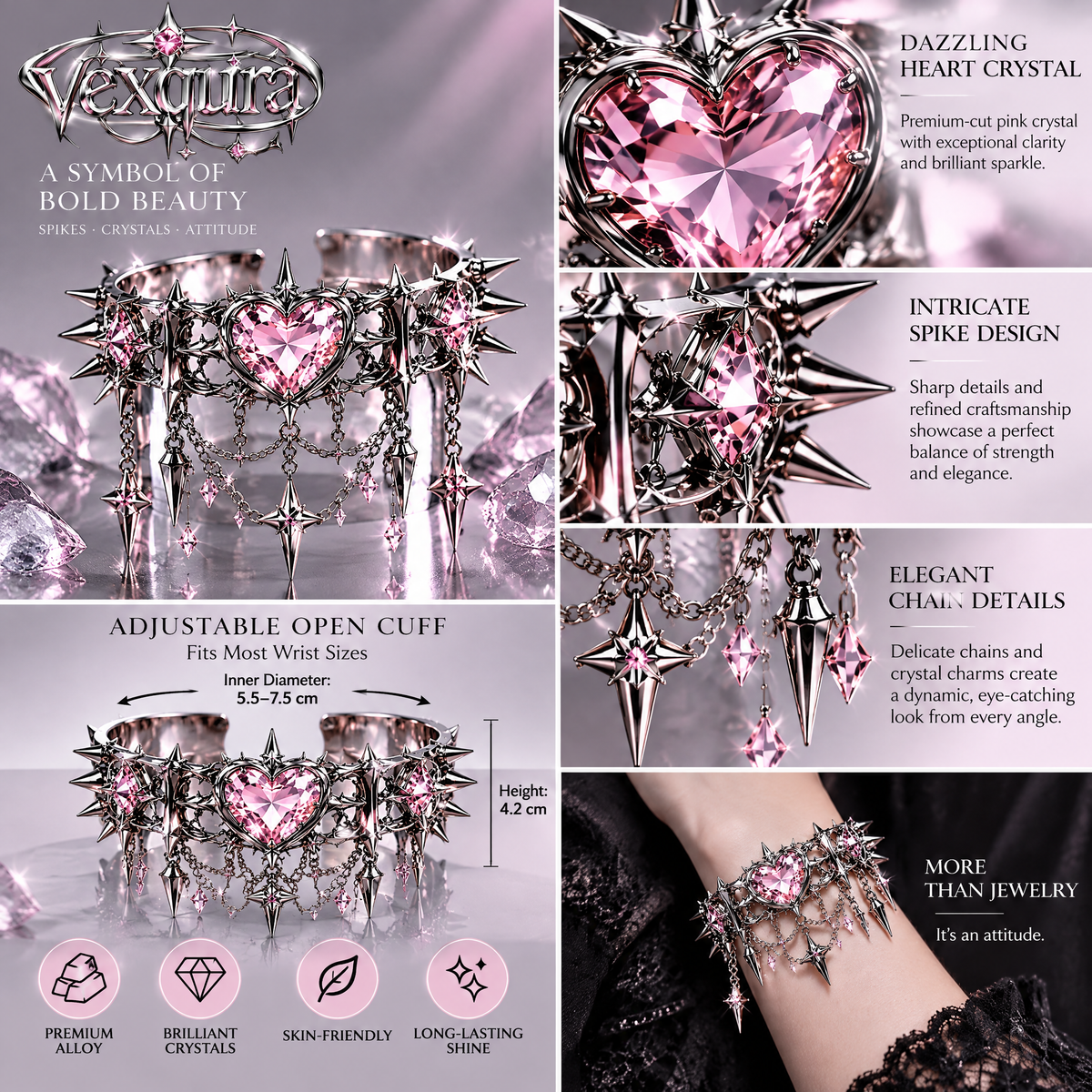 Gothic Heart Spike Cuff Bracelet