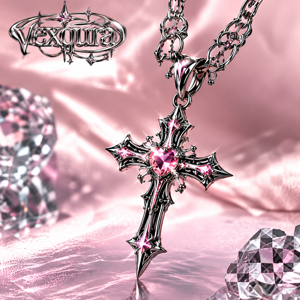 Gothic Cross Pink Crystal Necklace