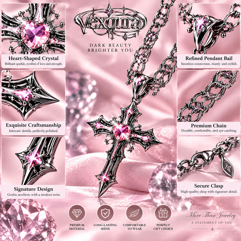 Gothic Cross Pink Crystal Necklace