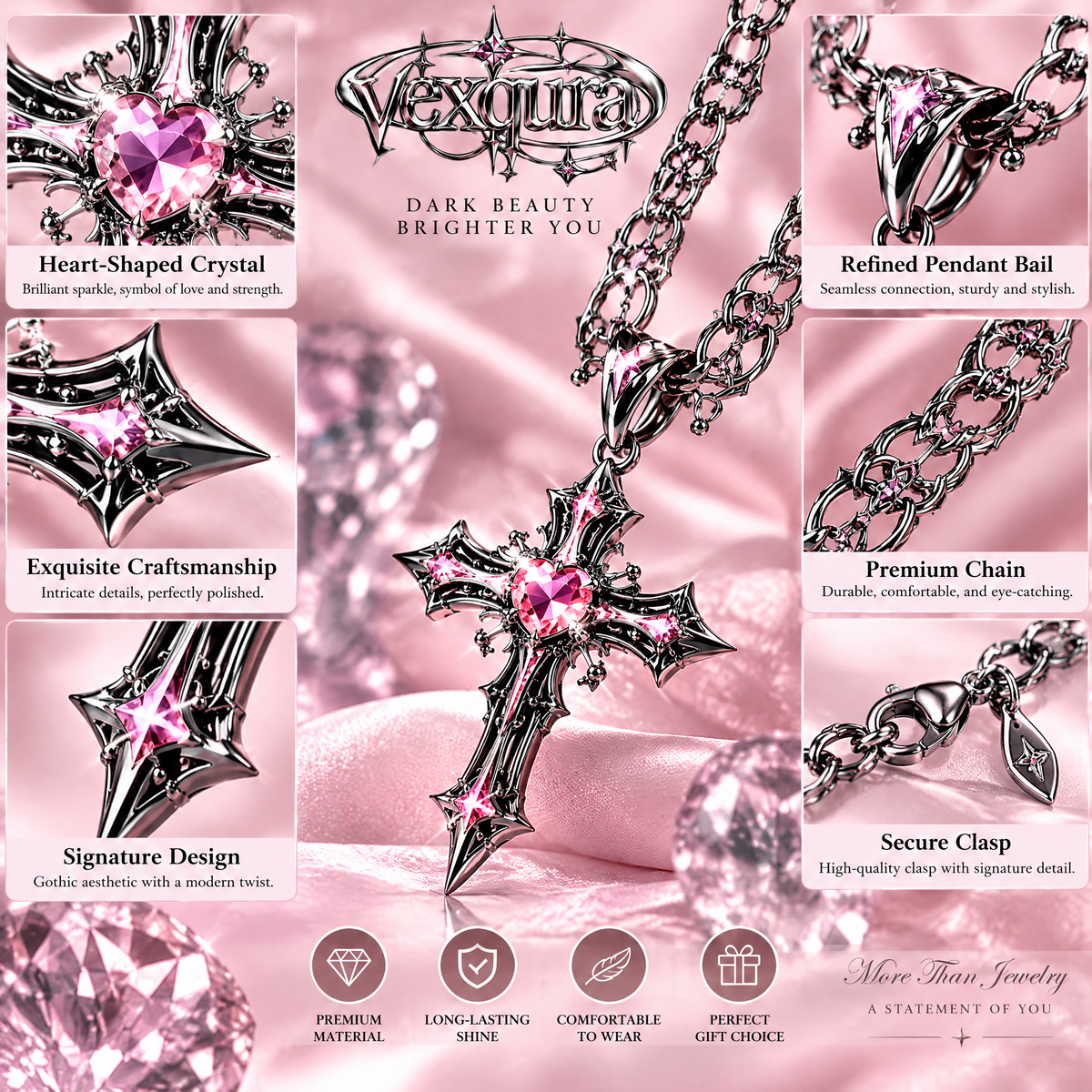 Gothic Cross Pink Crystal Necklace